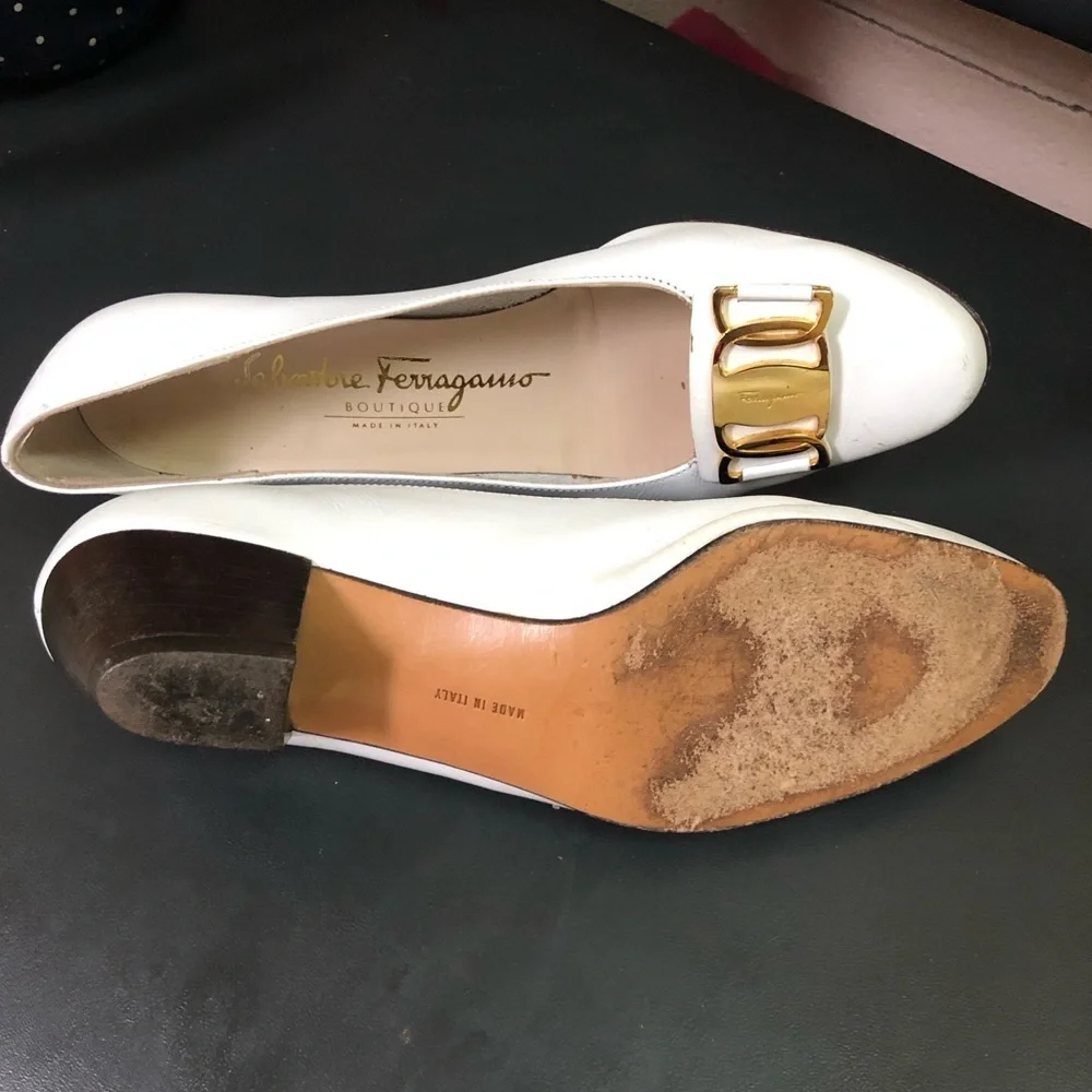 VINTAGE SALVATORE FERRAGAMO White Block Kitten heel Shoe Size 5.5 - Picture 10 of 10